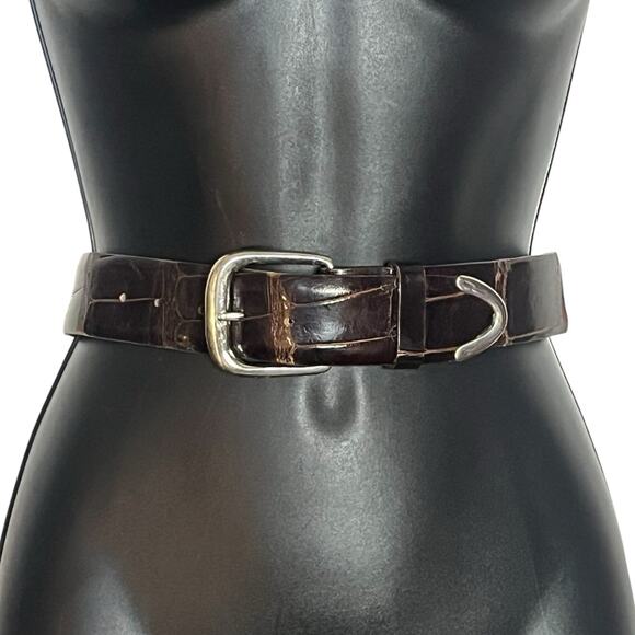 CEINTURES GENUINE ALLIGATOR BELT 28 BROWN SILVER HARDWARE CLASSIC PREPPY VGUC - Picture 1 of 10